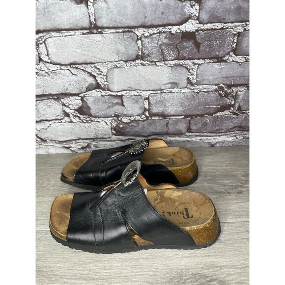 Think! Black Leather Cork Sun Moon Silver Wedge Sandals Women Sz 37EU/6.5M US - Picture 9 of 16